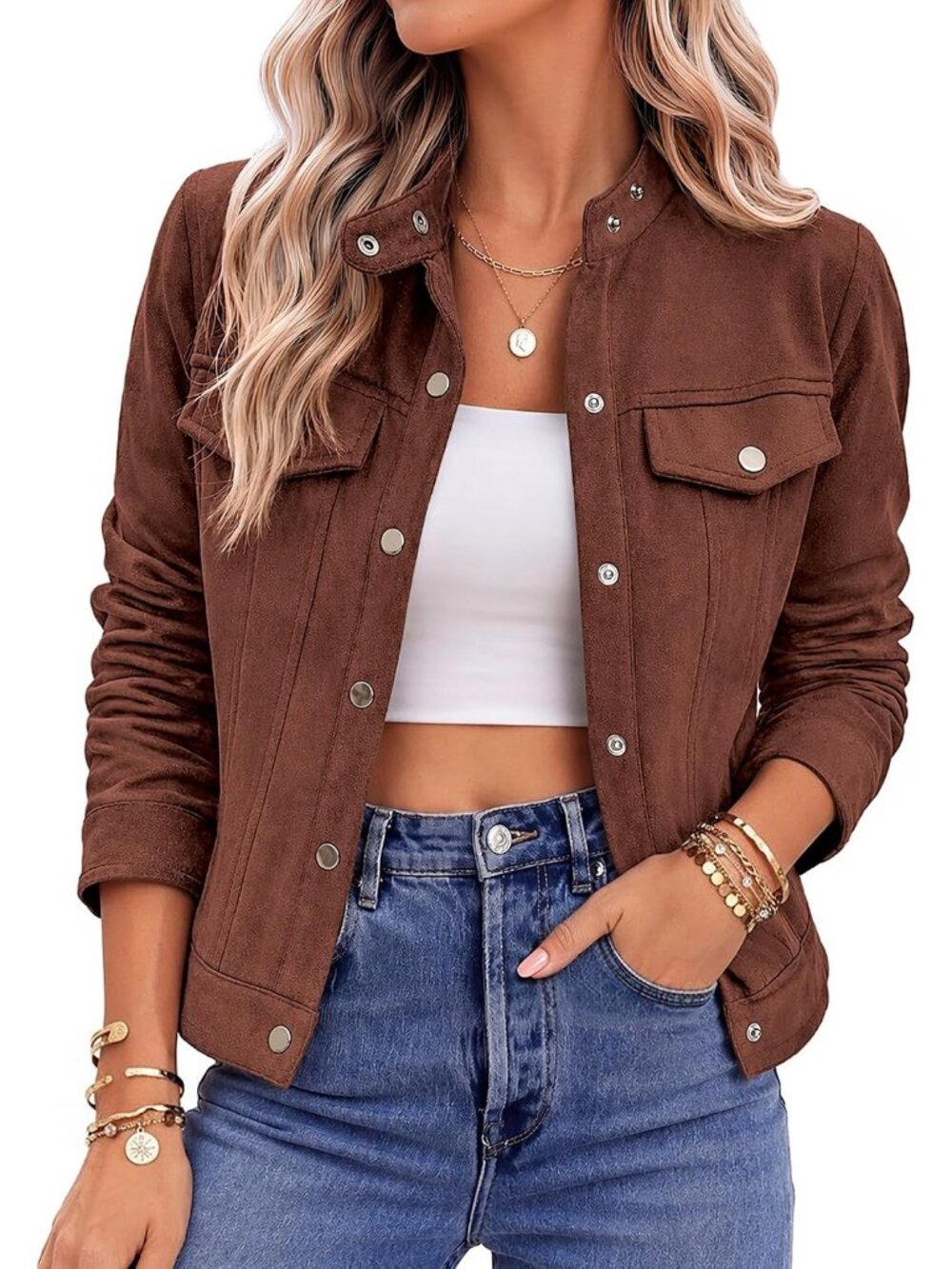 Women's Brown Suede Long Sleeve Button Down Cropped Jackets Streetwear Casual